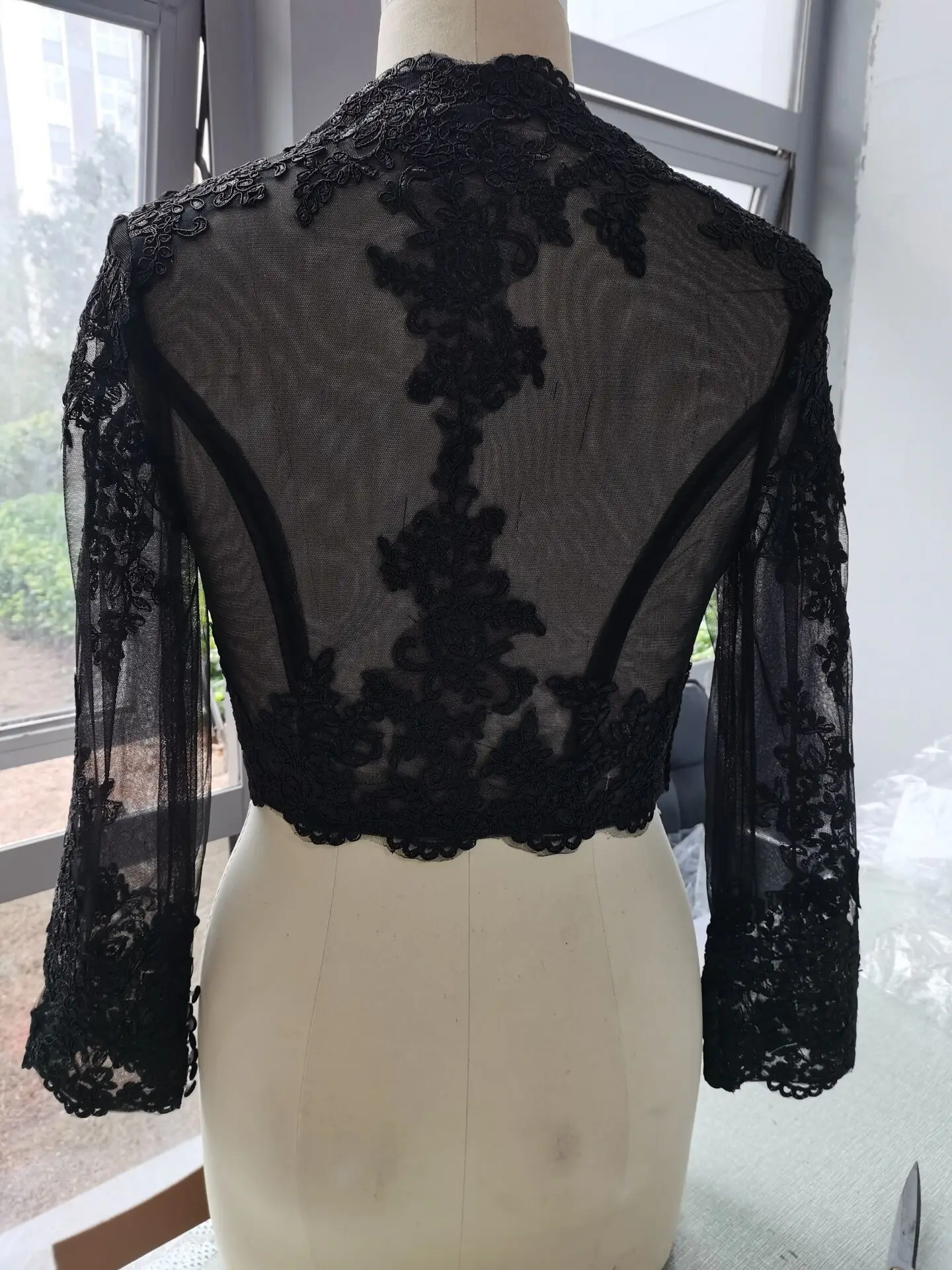 White Ivory Lace Applique V-Neck Bridal Bolero with Long Sleeves - Custom Wedding Accessories image 5
