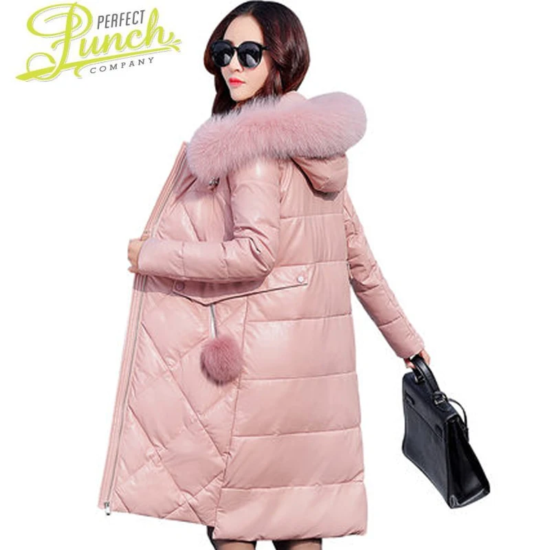 

2021 Autumn New PU Leather Womens Winter Jacket Plus Size 5XL Padded Coat Long Slim Real Fur Female Parkas ST697