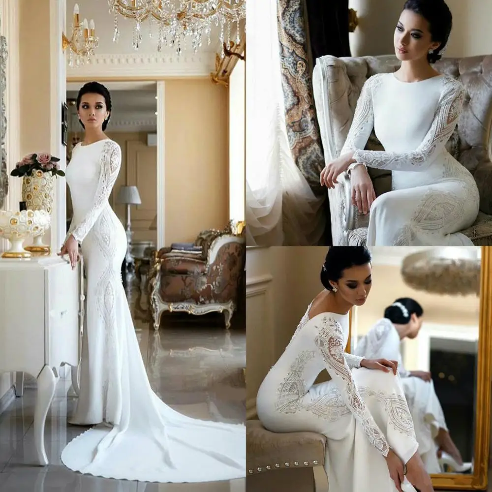 

2020 Modest Mermaid Wedding Dresses Lace Appliqued Beaded Sweep Train Wedding Dress Bridal Gowns Plus Size Sleeves