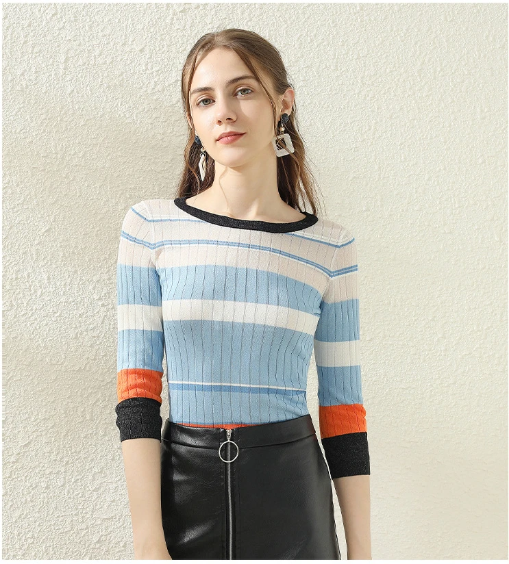 

Sweater Women 2020 O- Neck Striped Stretch High Quality Knit Woman Sweaters B145