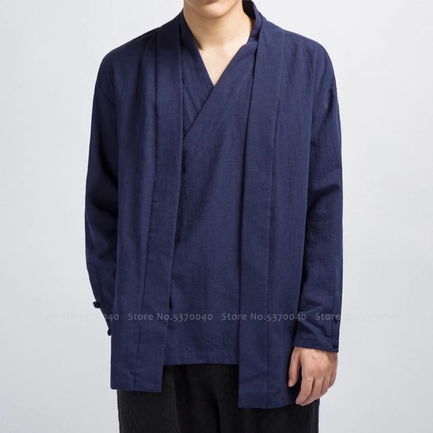

Men Chinese Style Loose Blouse Traditional Tang Suit Oriental Hanfu Tee Tops Linen Kung Fu Tai Chi Uniform Haori Yukata Cardigan