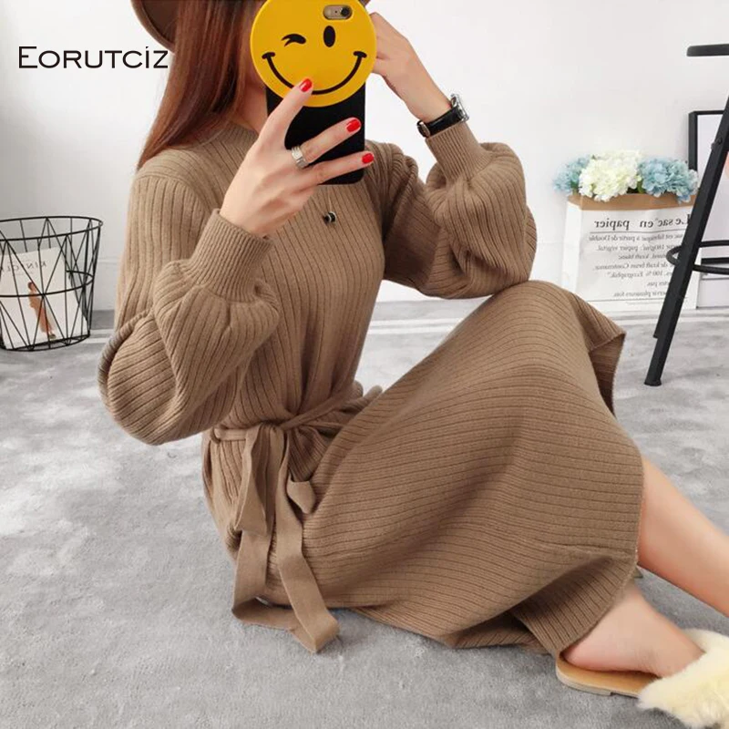 Осеннее платье-свитер EORUTCIZ женское приталенное трикотажное базовое платье с