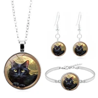 black cat art photo jewelry set cabochon glass pendant necklace earring bracelet totally 4 pcs for womens fashion party gifts