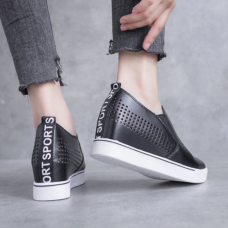 

Plus Size Women Loafers Increasing Slip on Shoes Hollow Out Loafer Platform Shoes Woman Cut-outs White Shoes Black Sneaker 7973L