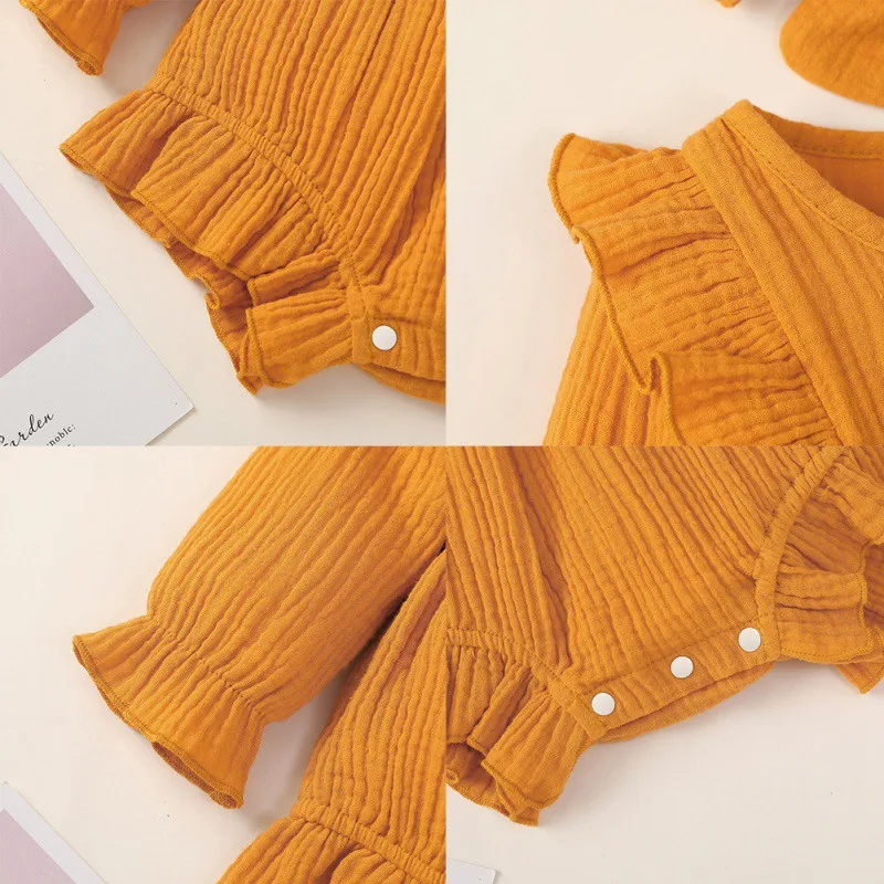 

Spring Autumn Baby Girls Cotton Solid Print Linen Romper Newborn Girl Clothes Infant Ruffled Long Sleeved Jumpsuit+Headband