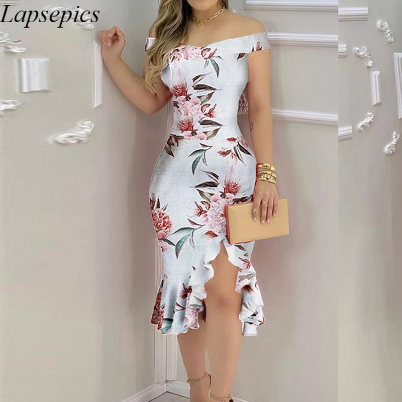 

Women Floral Off Shoulder Ruffle Hem Slit Midi Bodycon Dress Sexy Dress for Women