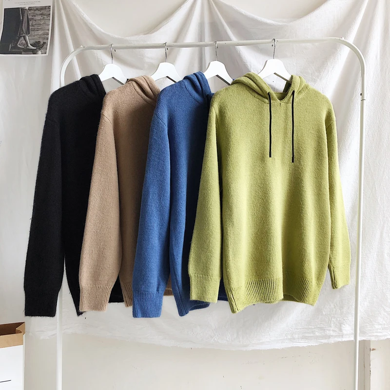 Winter Hooded Sweater Men's Warm Fashion Solid Color Casual Knit Pullover Men Wild Knitting Sweaters Male Sweter Clothes M-2XL
