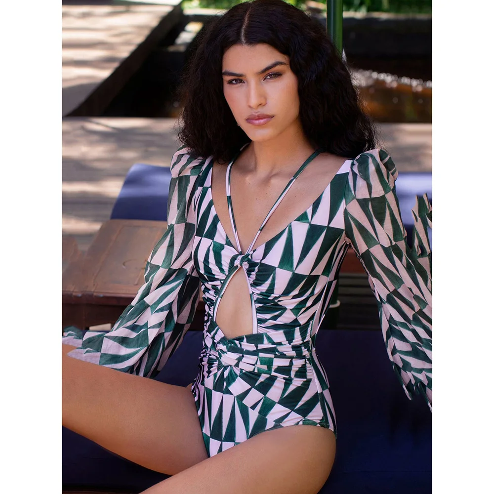 

Vintage One Piece Swimsuit Female 2021 Long Sleeve Swimwear Women Plus Size Bathing Suit Print Bandage Summer Bathers Monokini