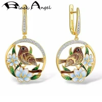 black angel 2020 enamel cute bird sparrow flowers clip earrings for women 14k gold round wedding insect jewelry christmas gift