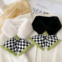 lunadolphin korean ins furry bib women fashion black white checkerboard cross fake collar faux rabbit fur imitation plush scarf