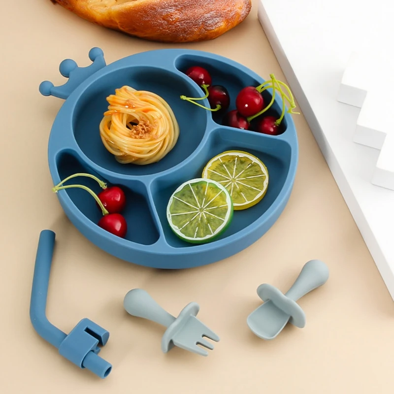 

4pcs Set Baby Dining Dishes Silicone Bowl+Spoon+Fork+StrawStrong Sucker Feeding Set Tableware Kids Dinnerware Food Supplement