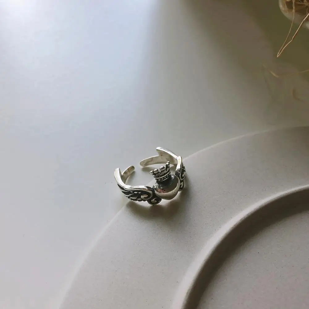 

MLKENLY Fashion Jewelry 925 Sterling Silver Open Ring Minimalist versatile Japanese and Korean wings vintage old ring for women