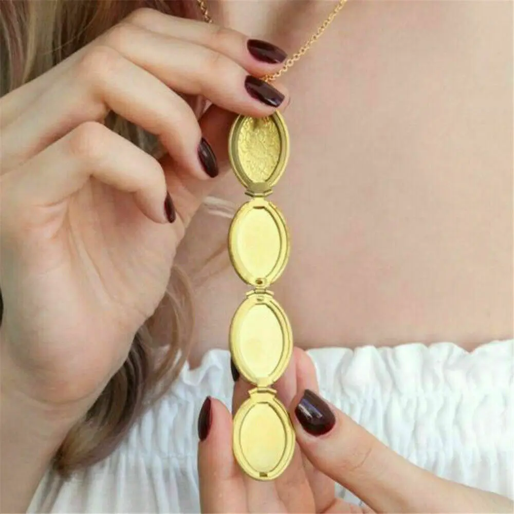 

Oval Carved Flower stripe Locket Magic 4 Photo Pendant Necklace Women Vintage Ancient Brass Opening Photo Box Jewelry