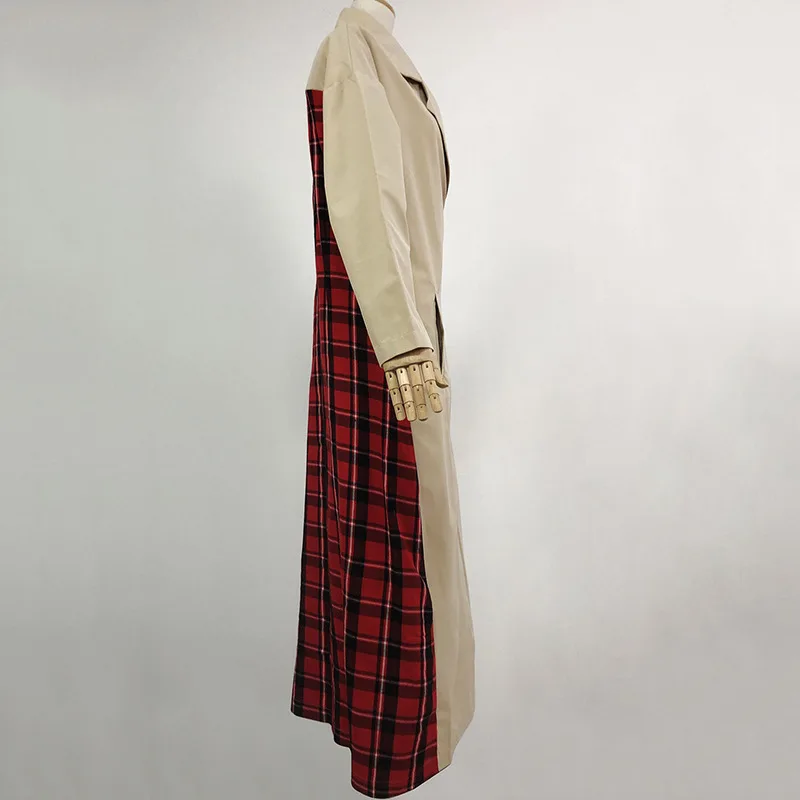 Женское пальто в красную клетку BOOFEENAA длинное цвета хаки ветровка уличная одежда