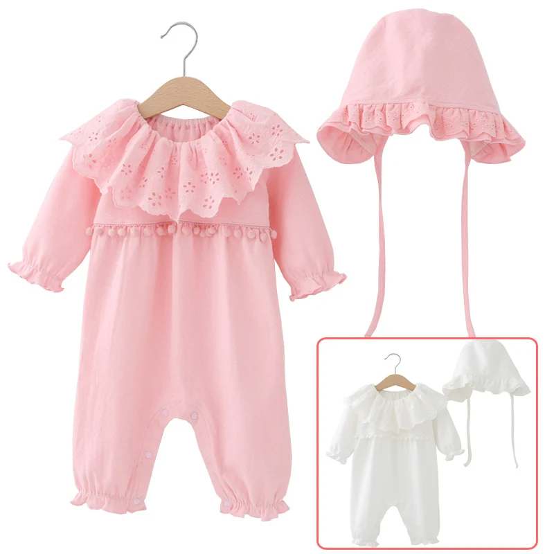 1 шт. детский хлопковый трикотажный комбинезон с шапочкой и кружевным