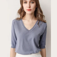 spring summer women basic sweaters and pullovers solid v neck short sleeved knit cashmere sweater thin casual tops jumper female