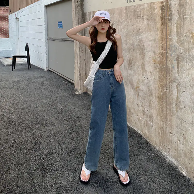 Джинсы женские свободные универсальные на молнии прямые синие стильные брюки из