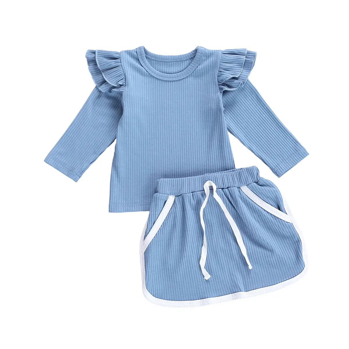 

pudcoco Kids Girl Shirt + Shorts Skirt Suit 2 Pieces Clothes Ruffle O-Neck Long Sleeve Casual Lace-up Side Pockets Suit 0-5Y