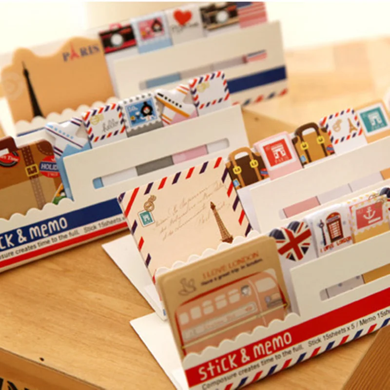 4pcs Vintage stick& memo sheets sticker Travel London bus Paris tower Post paper note it marker Stationery office School A6511