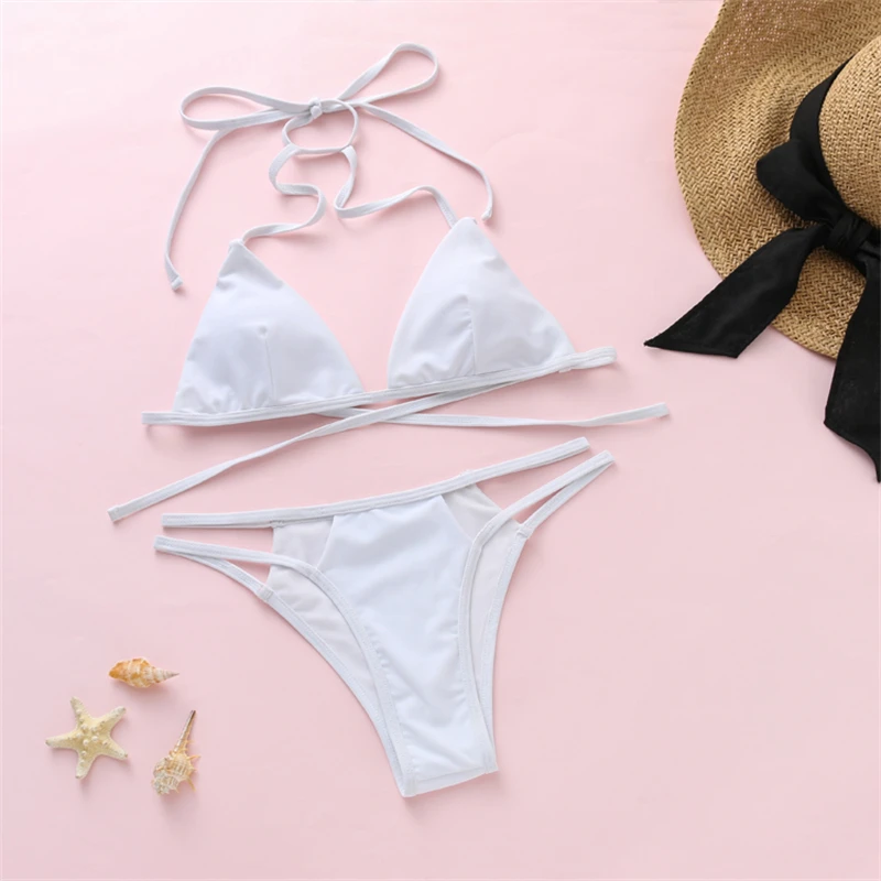 

Бикини 2021, привлекательный белый купальник, Женский Бразильский бикини, купальник пуш-ап с лямкой на шее, женские купальники, купальный кост...