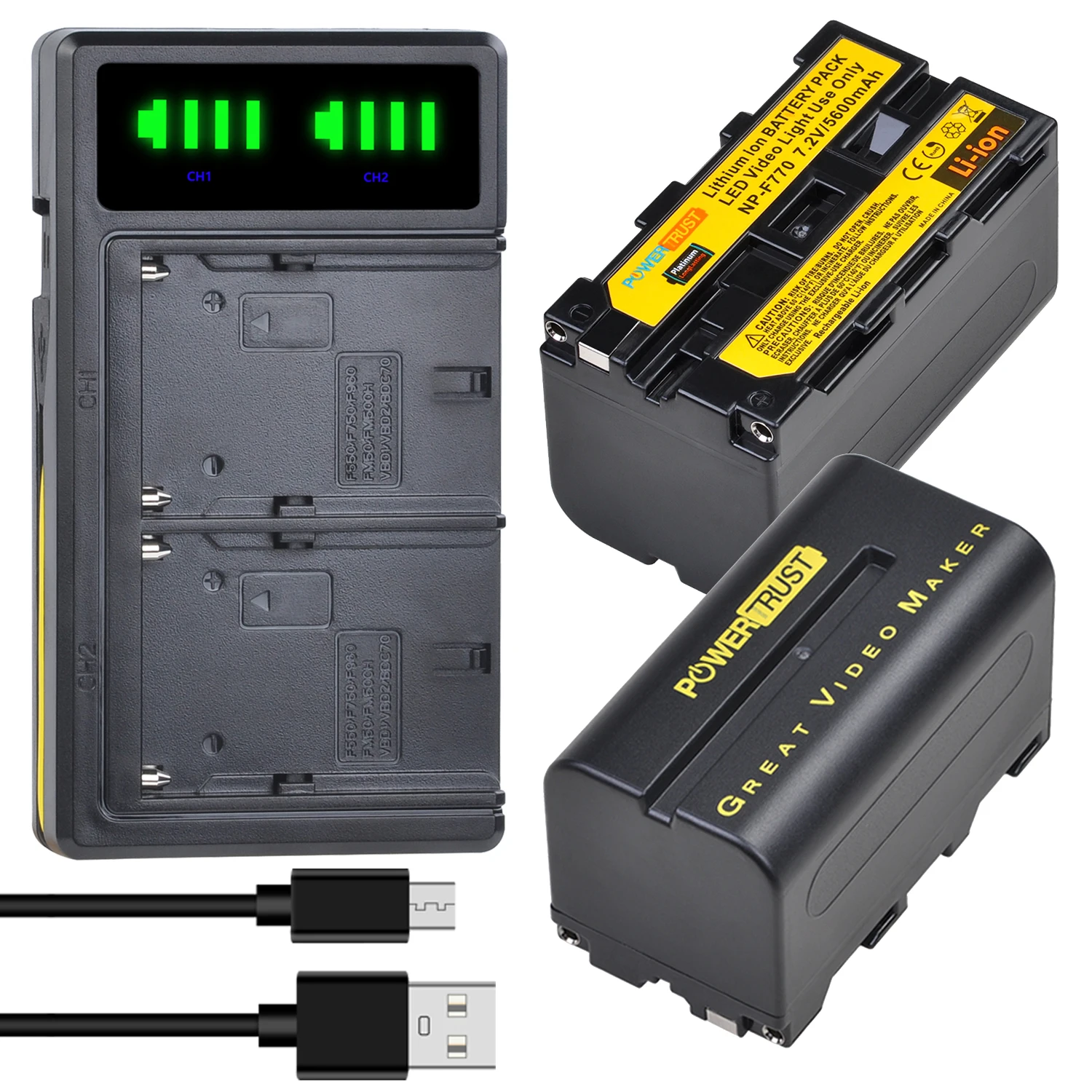 PowerTrust NP-F770 NP-F750 Battery+LED USB Dual Charger for Yongnuo Godox LED Video Light YN300Air II YN300 III YN600 L132T