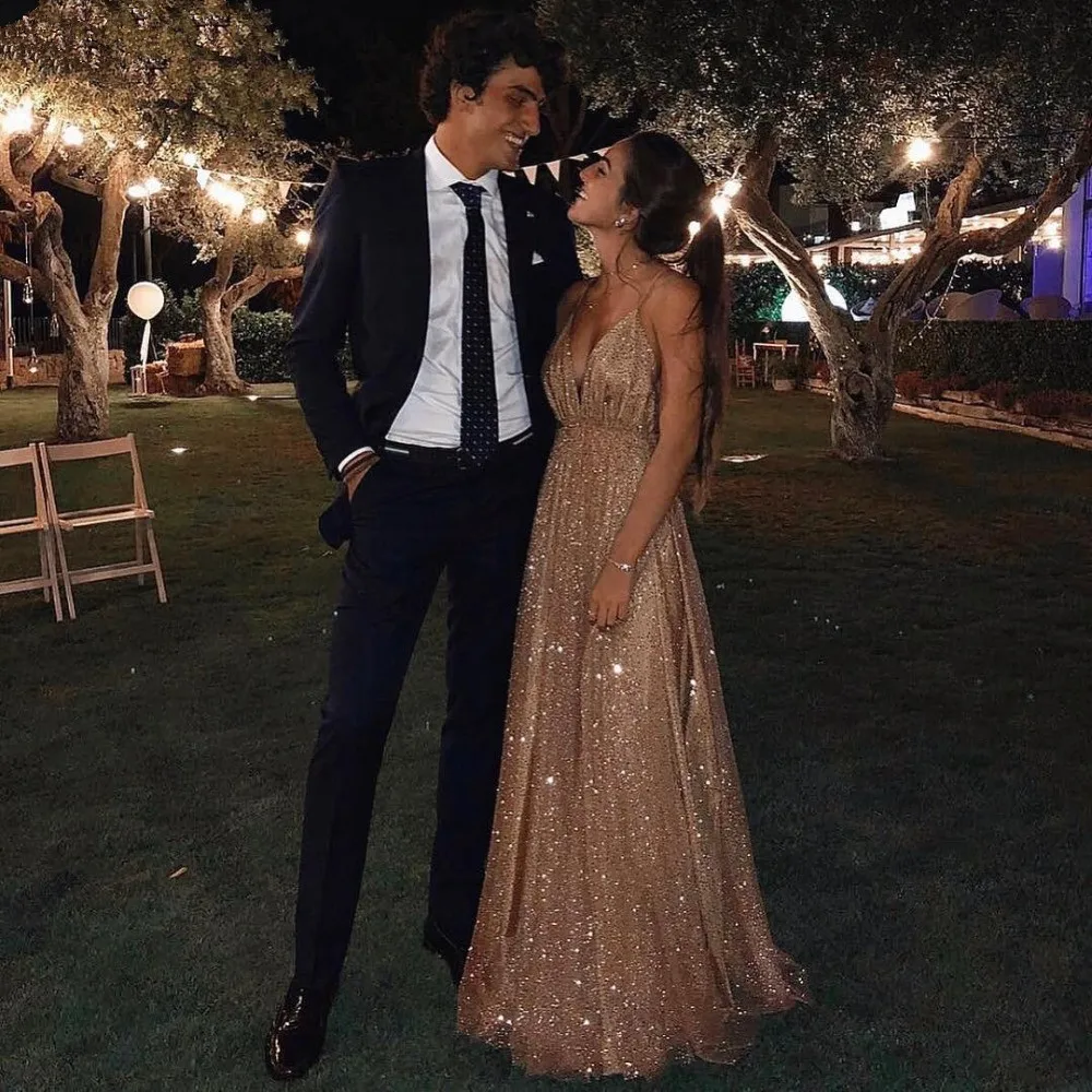 

Sexy Prom Dresses A-line Spaghetti Straps Sequins Sparkle Backless Prom Gown Evening Dresses Robe De Soiree