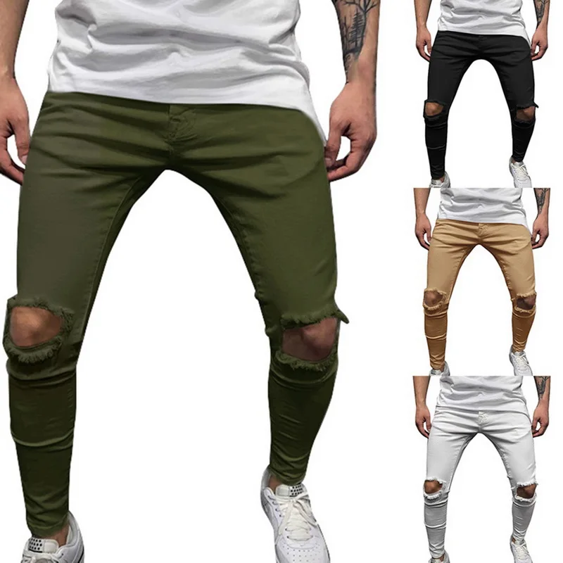 2019 Male New Fashion Streetwear Hiphop Pants Slim Solid Color Beggars Hole Men Casual Man Trousers High Quality | Мужская одежда