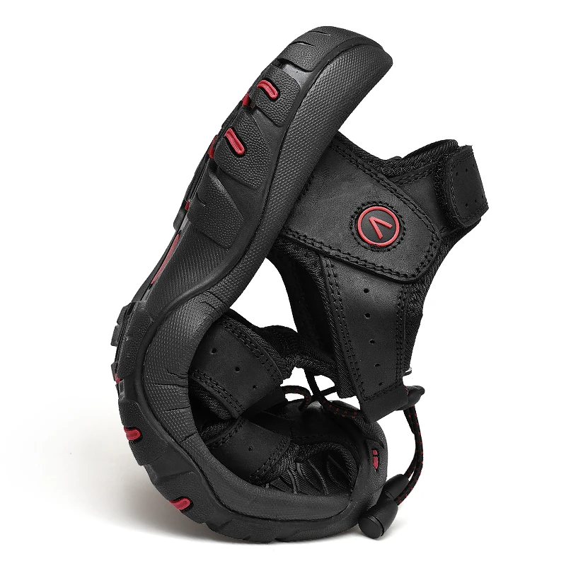 Мужские кожаные сандалии без шнуровки черные повседневные Мягкие босоножки из