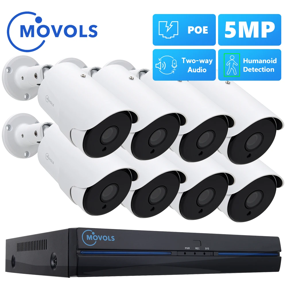 MOVOLS 8CH 5MP POE AI CCTV камера система безопасности Комплект Двухсторонний Аудио Открытый 5MP IP камера H.265 P2P видео наблюдение NVR набор - изображение