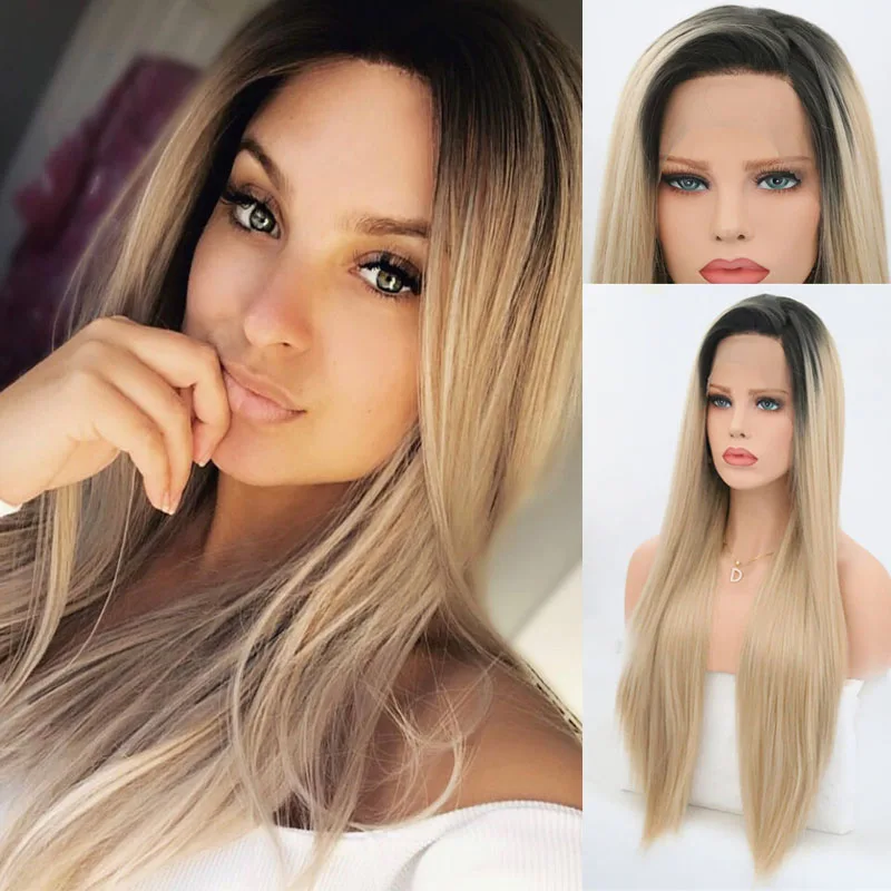 

RONGDUOYI Long Silky Straight Wigs Synthetic Lace Front Wig High Temperature Ombre Blonde Lace Wigs for Women Blonded Wig