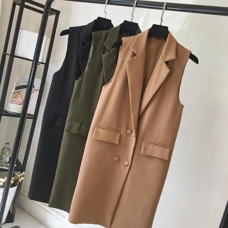 

New 2020 Autumn Plus Size 4XL Sleeveless Blazer Vest Women Office Lady Long Vest Female Solid Color Waistcoat Ladies Outerwear