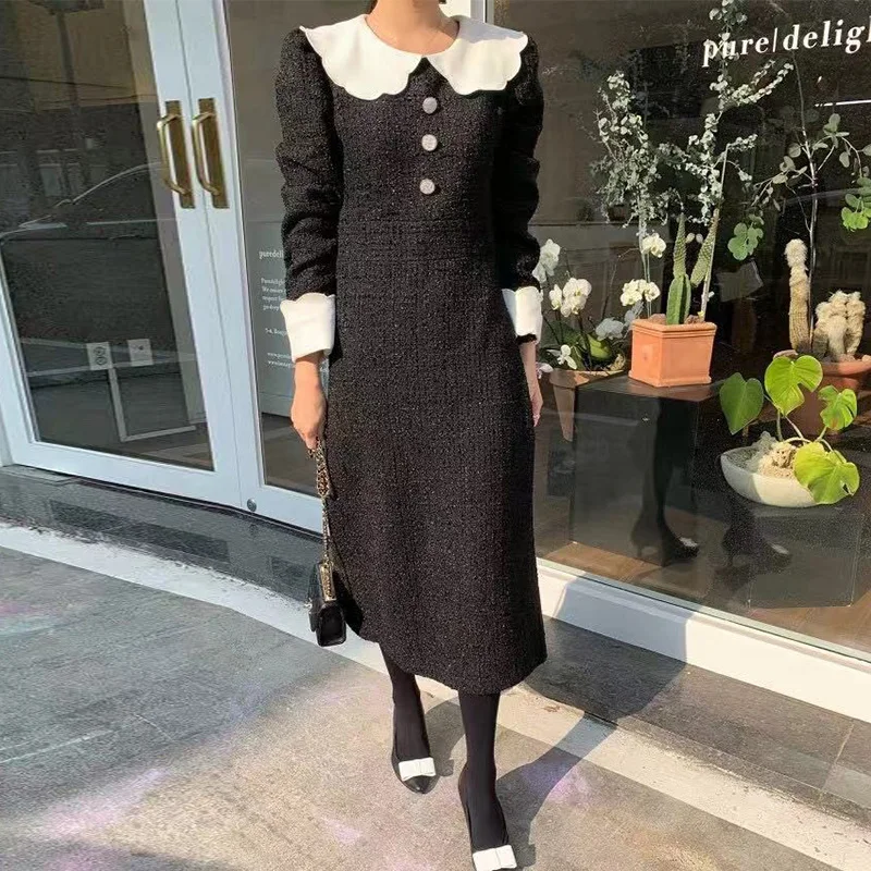 

French style elegant temperament tweed dress women small fragrance peter pan collar hit color stitching long dress