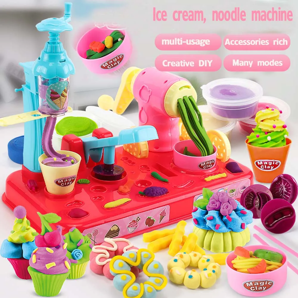 

2019 DIY Clay Dough Plasticine Ice Cream Machine Mould Play Kit DIY Toy Handmade Noodle Maker Kitchen Toy Kids Gift