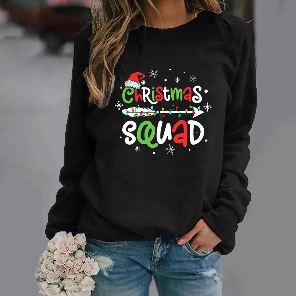 

Женская толстовка с капюшоном, свободная флисовая толстовка с длинным рукавом и круглым вырезом, с рождественским принтом, зимние пуловеры ...