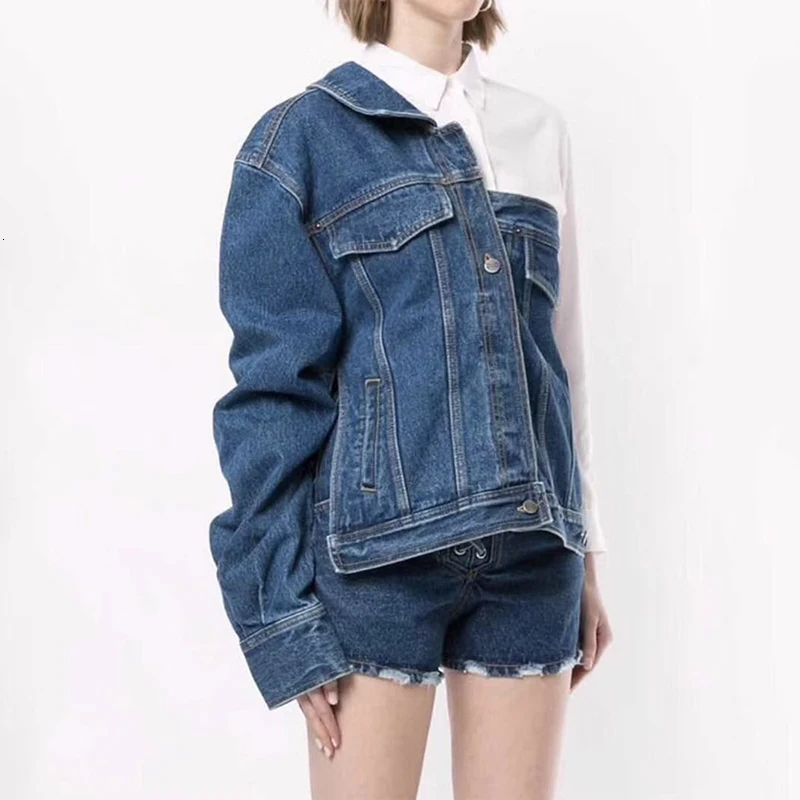 TWOTWINSTYLE ассиметричная джинсовая женская куртка на одно плечо с отворотным воротником, с длинными рукавами и карманами, женские куртки, осенняя мода