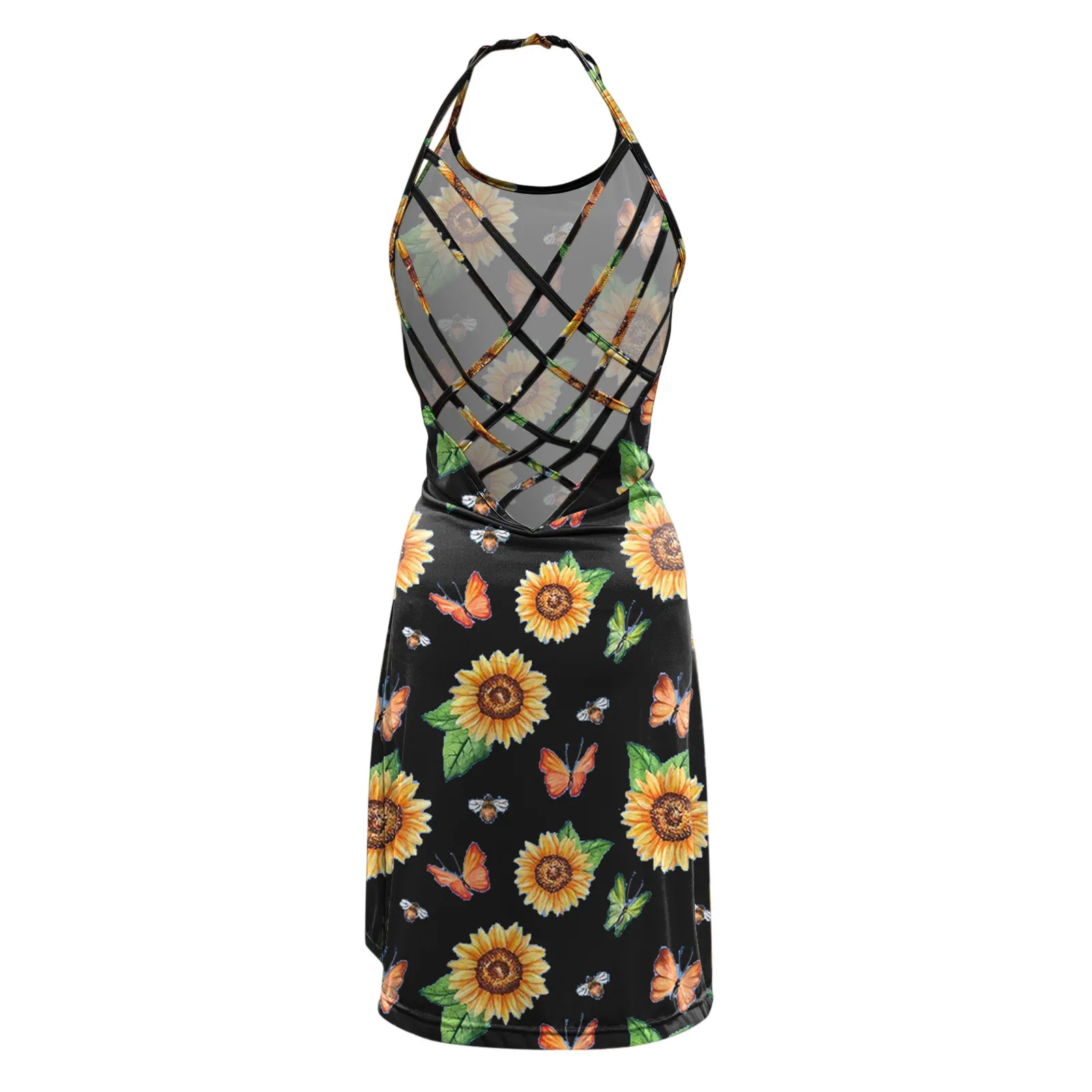 

Sunflower Print Tank Dress Women O-Neck Sleeveless Halter Sexy Backless Vest Fashion MIni dress Beach Boho Summer Dress