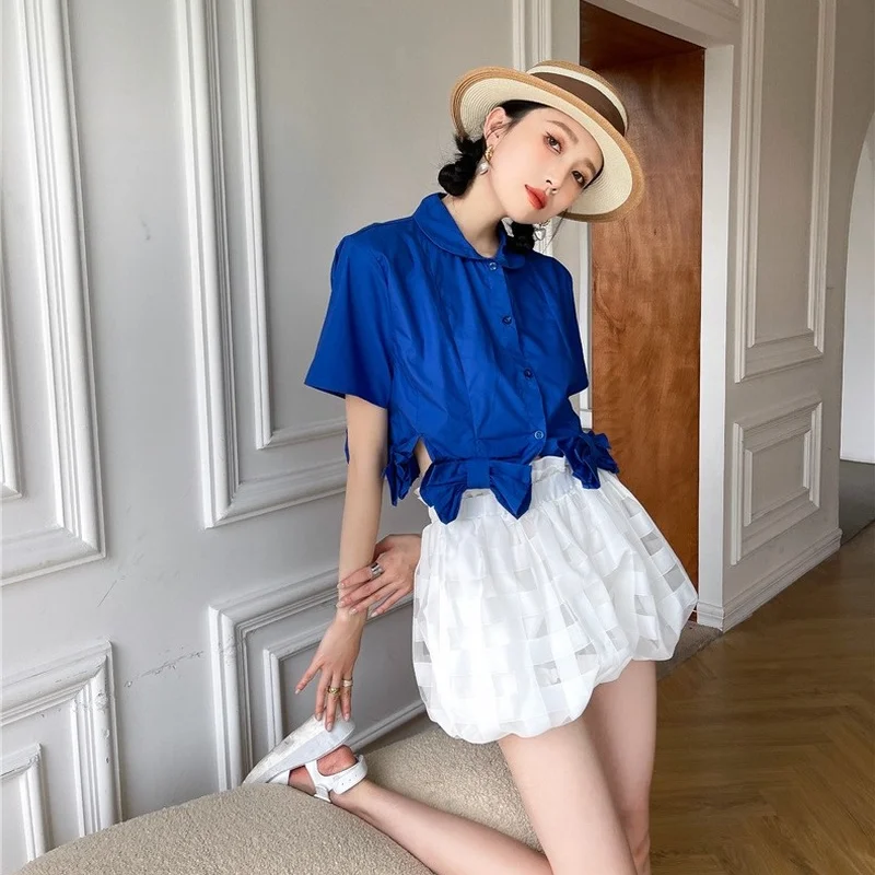 

Korejepo Women 2 Piece Set 2021 Summer Korean Chic Lace-up Bow Short Shirt Solid Color Flower Bud Pants High Waist Plaid Shorts