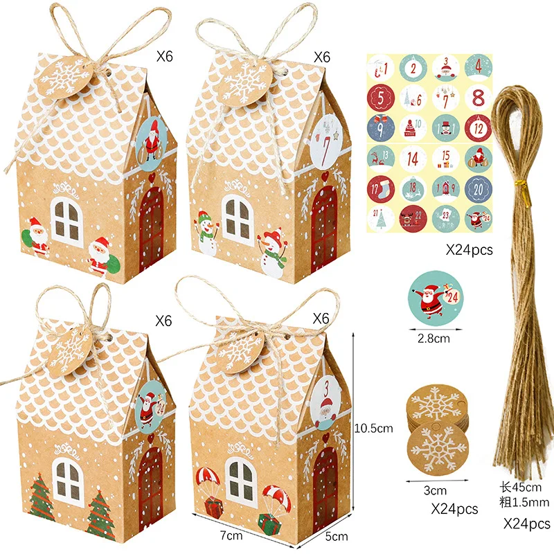 

1 Set/ 24pcs Christmas Packing Gift Bags with 24pcs Stickers, 24pcs Tags, 24pcs Ropes Candy Boxes Birthday Wedding Candy Bags