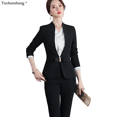 Black Pant Suit Женские брючные костюмы egelant Дамская Деловая одежда комплект из двух предметов S-5XL черный фиолетовый абрикосовый красный - Цвет: Black Pant Suit
