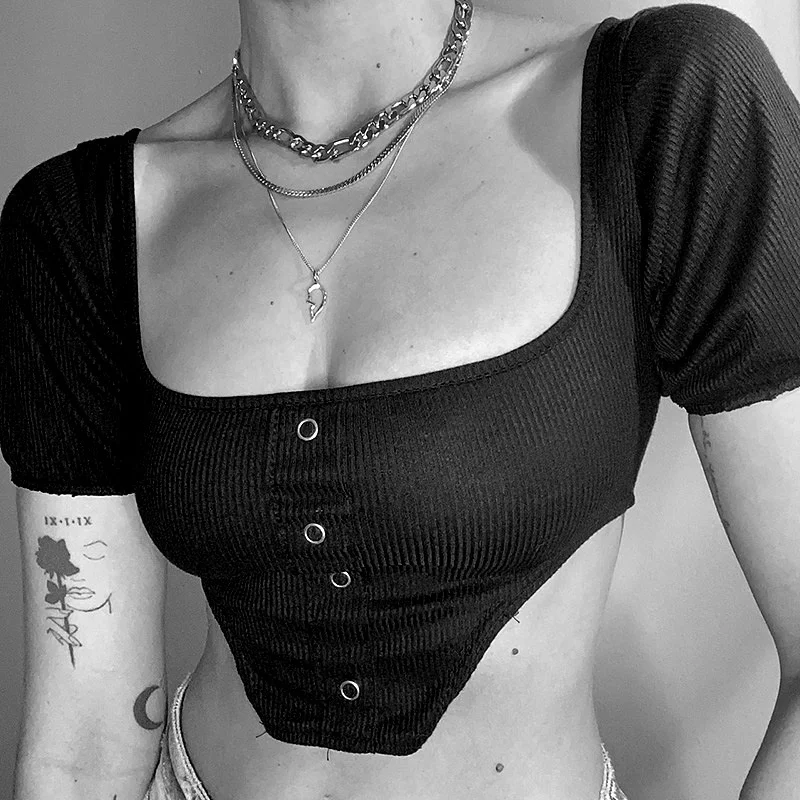 

wsevypo Women Short Sleeve Crop Top Stylish Solid Color Basic Tees Fashion Summer Casual Square Collar Slim Ribbed T-shirt