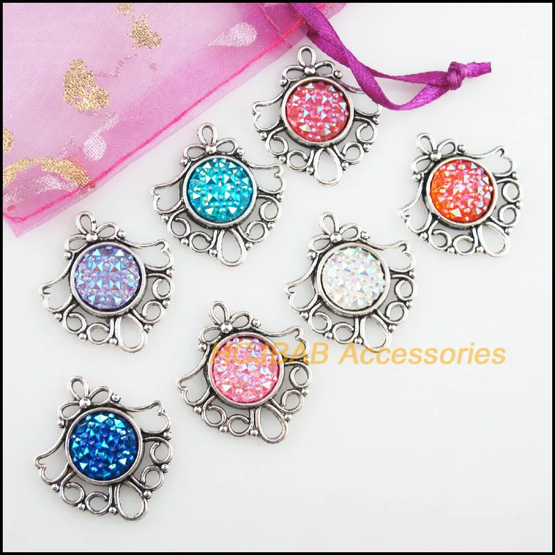 7 новых подвесок в форме сердца, тибетский серебристый цвет, искусственные круглые резиновые разъемы 26x29 мм