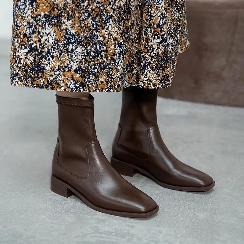 

Ladies Retro Square Toe Block Heels Brown Black Chelsea Boots Women British Designer Leather Fashion Shoes Classics Ankle Boots