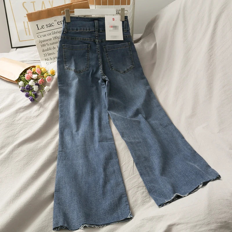 

Korean Style Fashionable All-Match Frayed Dark Straight-Leg Pants Women's 2020 Autumn High Waist Slimming Draping Wide Leg Jeans