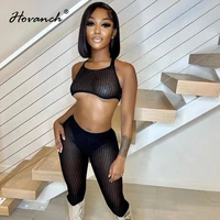 hovanch sling sleeveless mesh perspective vest high waist pencil pants two piece set womens set 2022 spring club street wear