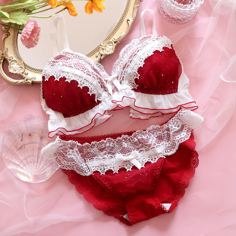 

Japanese style Girly underwear Christmas benmingnian Lovely lace red panties No steel ring bra suit