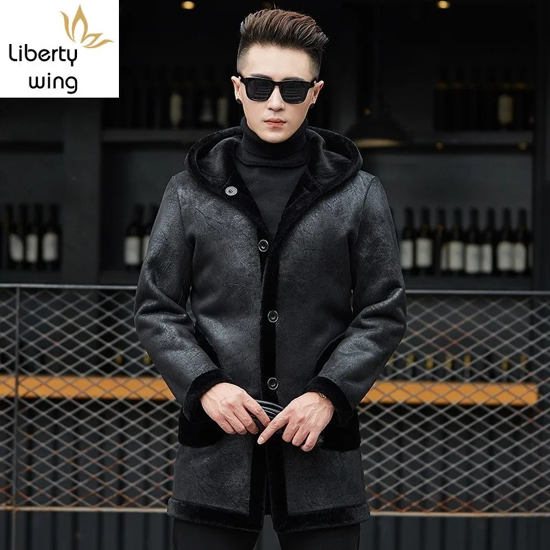 

Luxury Wool Overcoat Business Shearling Real Sheep Coat Men Winter Warm Thick Hooded Reversible Outerwear Brand Fur Jacket