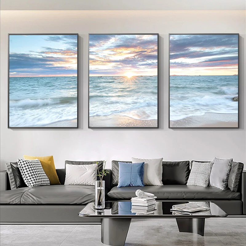 

Sunrise Coastal Decorative Canvas Poster Blue Sea Landscape Picture Waves Canvas Painting Print Beach Wall Art Picture Home Deco