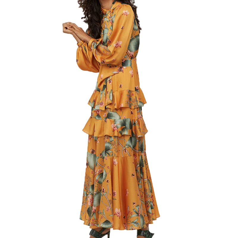 Весеннее платье женское повседневное оранжевое длинное женская одежда с принтом