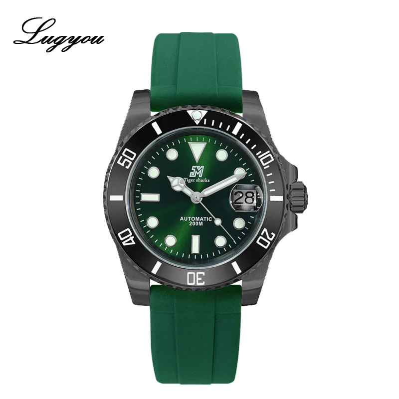 B Green Rubber Lugyou Сан Мартин роскошные черные DLC Diver Мужские часы Автоматические из нержавеющей стали Пескоструйный сапфир 20 атм водонепроницаемый резиновый ремешок - Цвет: B Green Rubber
