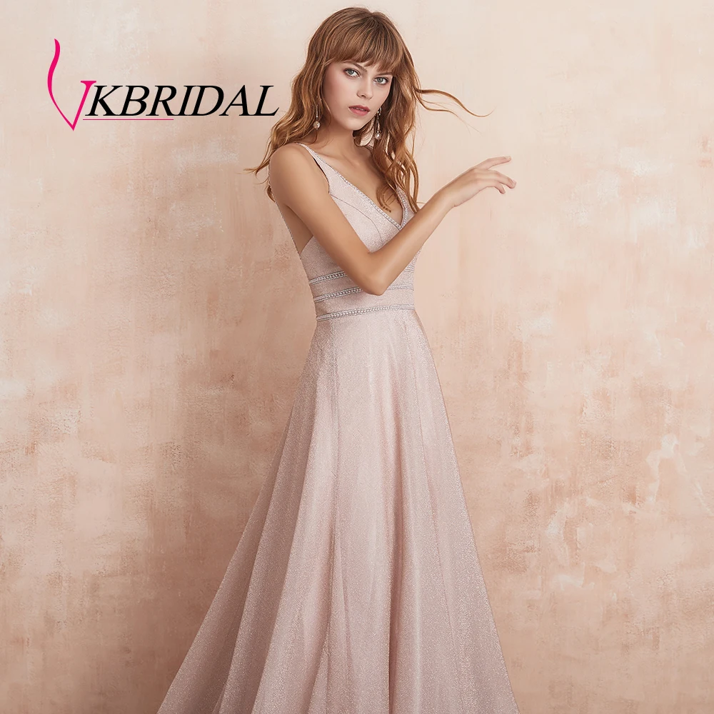 VKbridal сексуальное вечернее платье с v-образным вечернее платье ТРАПЕЦИЕВИДНОЕ Сверкающее платье для выпускного вечера Длинные вечерние платья со стразами реальное изображение